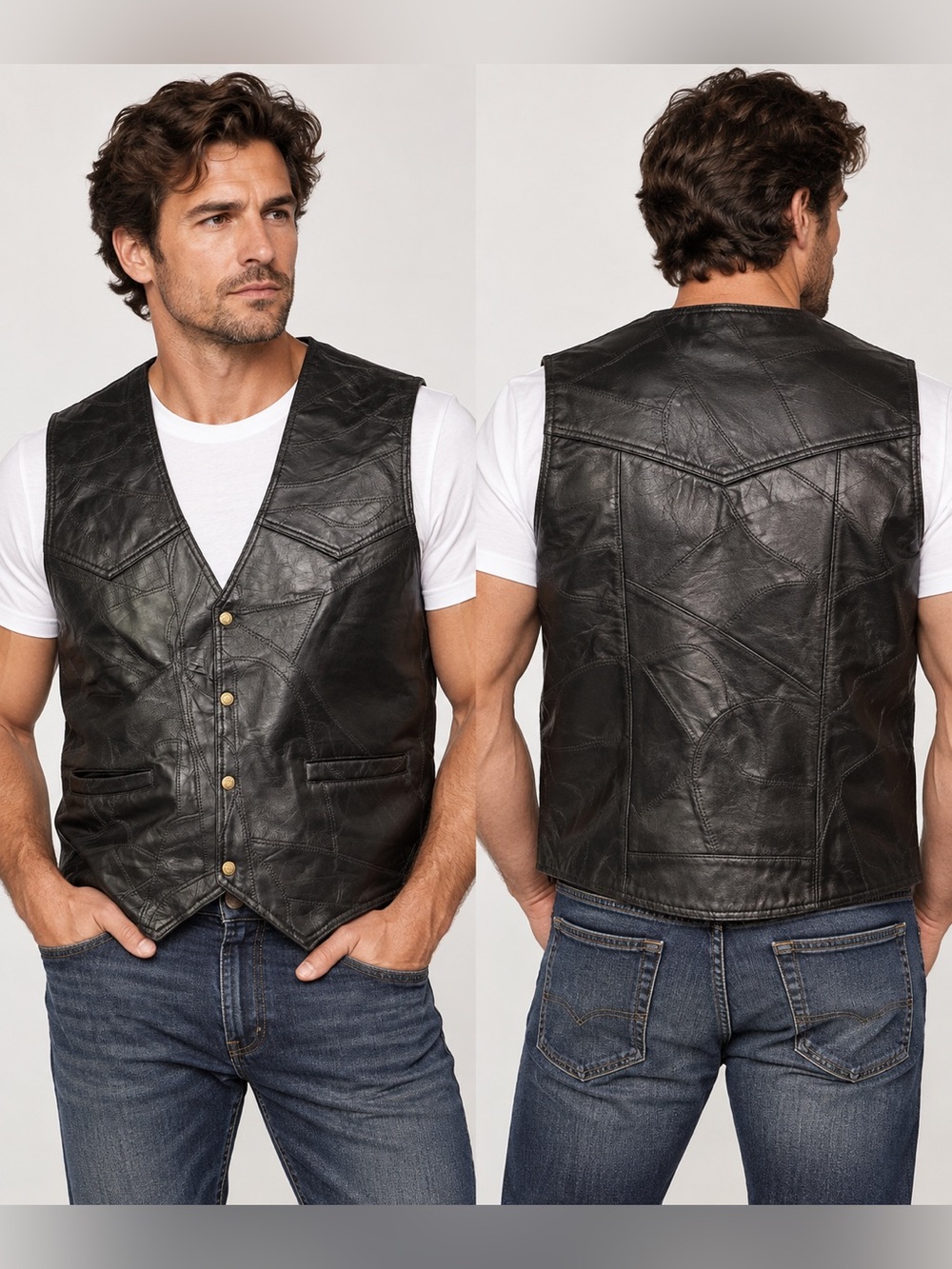 M Collection Men’s XL Genuine Leather Vest Black Patchwork Western Biker Vintage